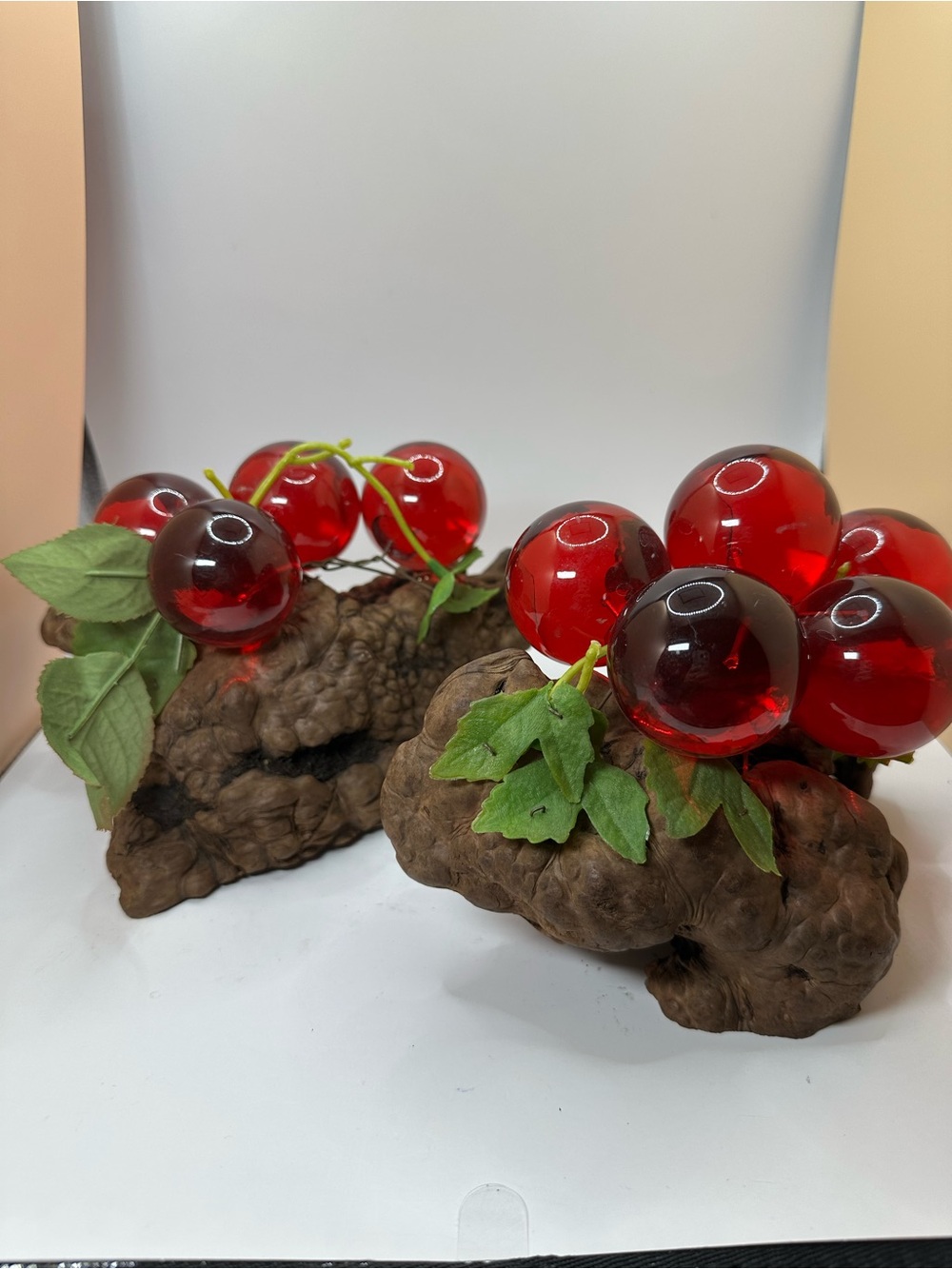 1960’s Lucite Red Grape Cluster on Wooden Base. 2 clusters. 4 and 5 Grapes.